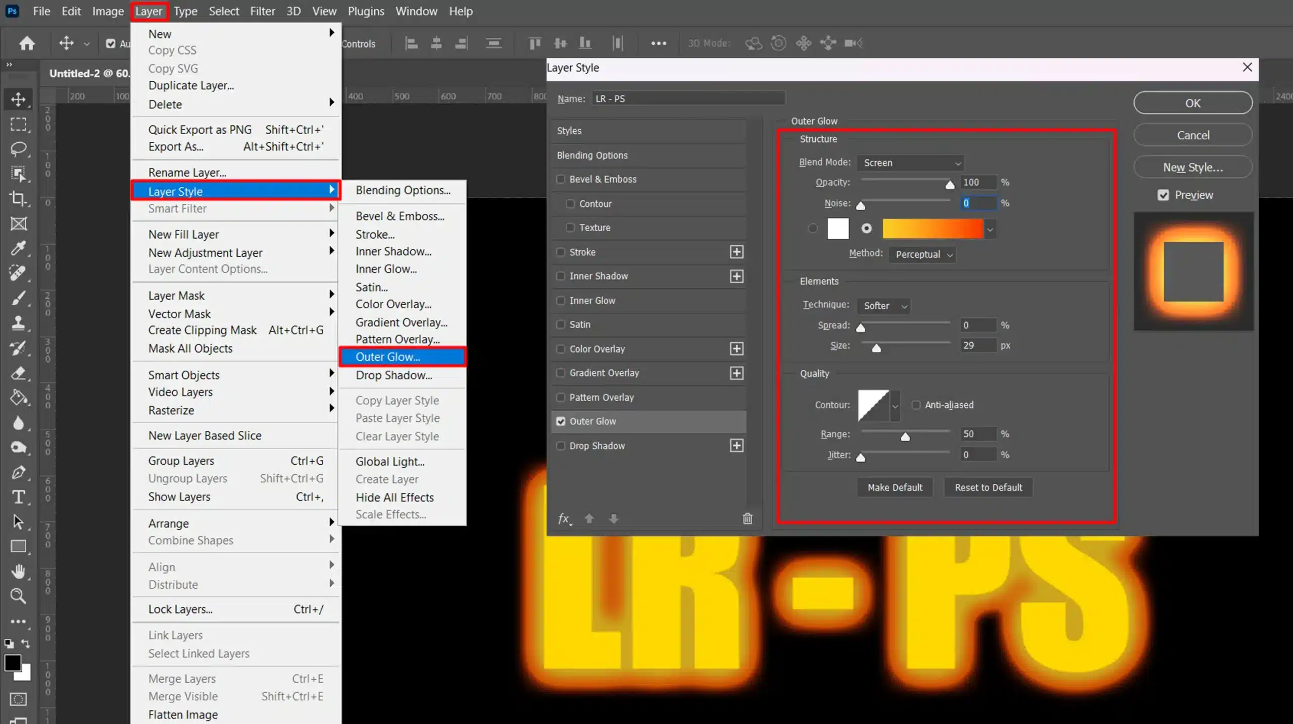 Photoshop interface displaying the Layer Style menu with "Outer Glow" selected, showing settings for blend mode, opacity, and noise.