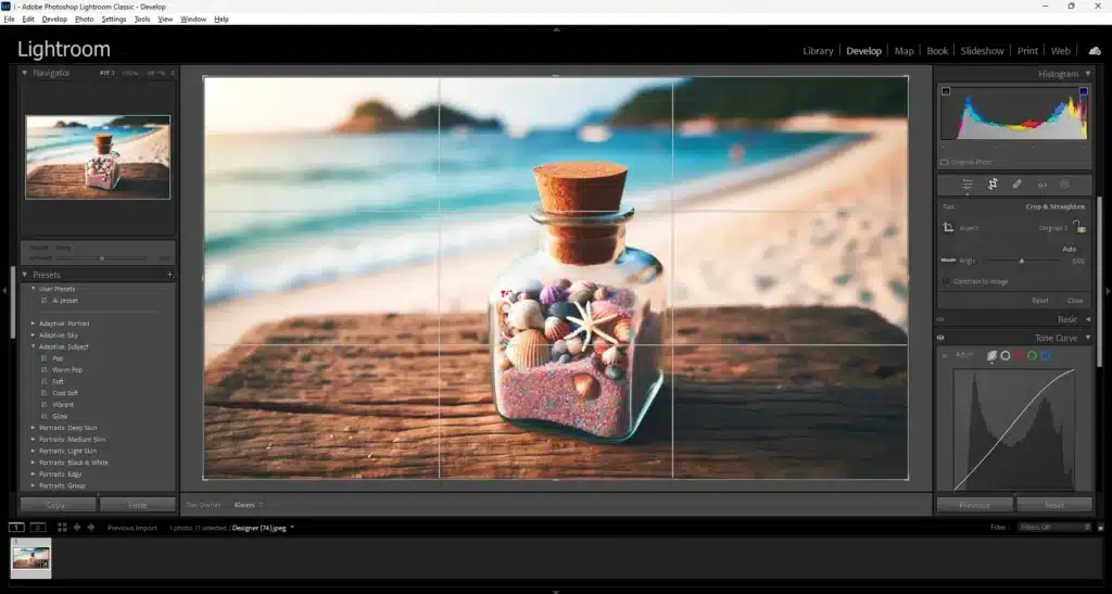 Lightroom Classic interface showing the Crop & Straighten tool being used to prepare an image of a jar filled with seashells on a beach for a collage template.