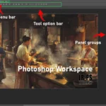 A photo of the default Photoshop workspace highlighting the menu bar, tool option bar, panel groups, and toolbar, showcasing the essential layout and features