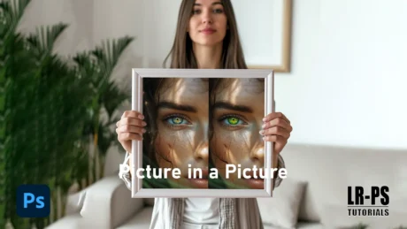 A person holding a framed picture in front of their face, with the picture’s central portion blurred out. Icons for Adobe Photoshop and tutorials are visible in the bottom left corner.
