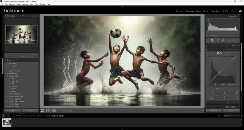 Lightroom interface showing an image of children jumping in mid-air to catch a soccer ball, with water splashes captured in sharp detail, demonstrating practical tips for freezing motion.