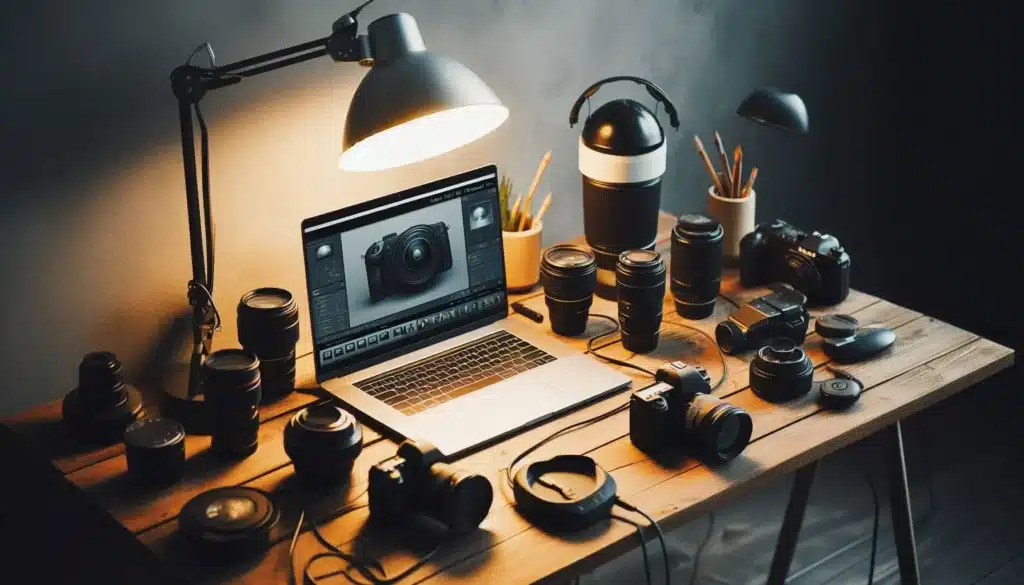 A well-lit desk setup with a laptop running, surrounded by various camera lenses, cameras, and accessories, illustrating the preparation and equipment needed for a photoshoot.