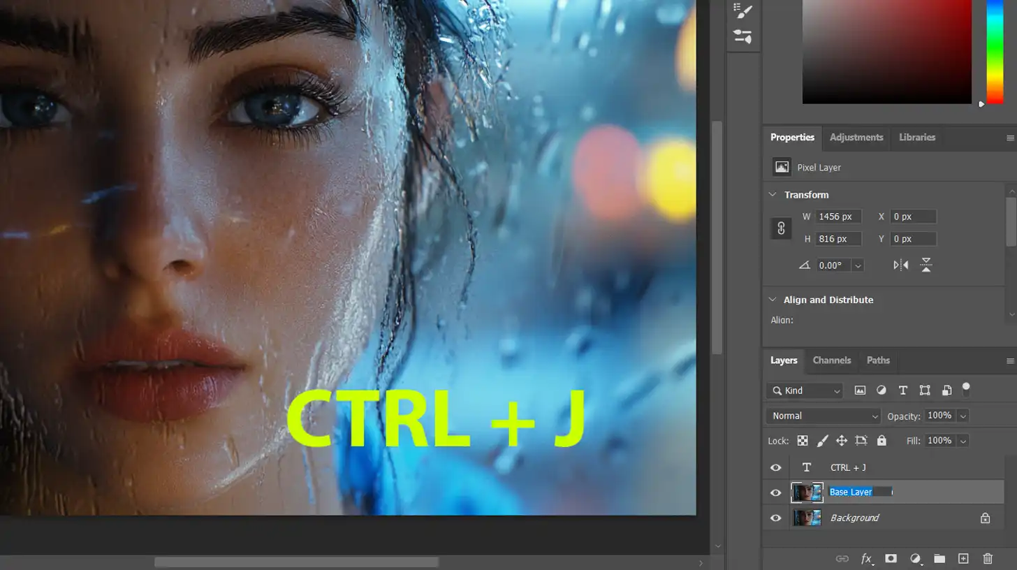 A screenshot of Photoshop with the text "CTRL + J" displayed, showing the duplication of a layer for editing