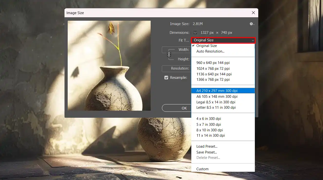 Photoshop image resizing window with a vase image showing different print size options