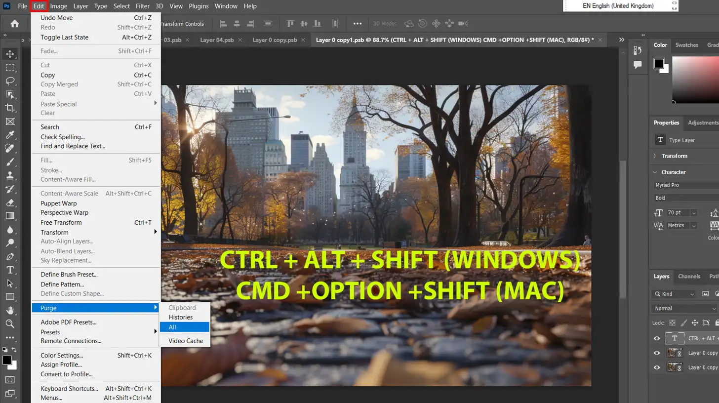 Screenshot showing the process of purging Photoshop memory cache to fix a program error