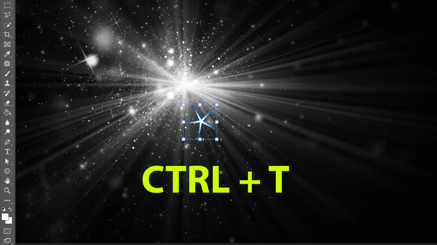 Photoshop interface showing a selected starburst layer with the command 'CTRL + T' displayed