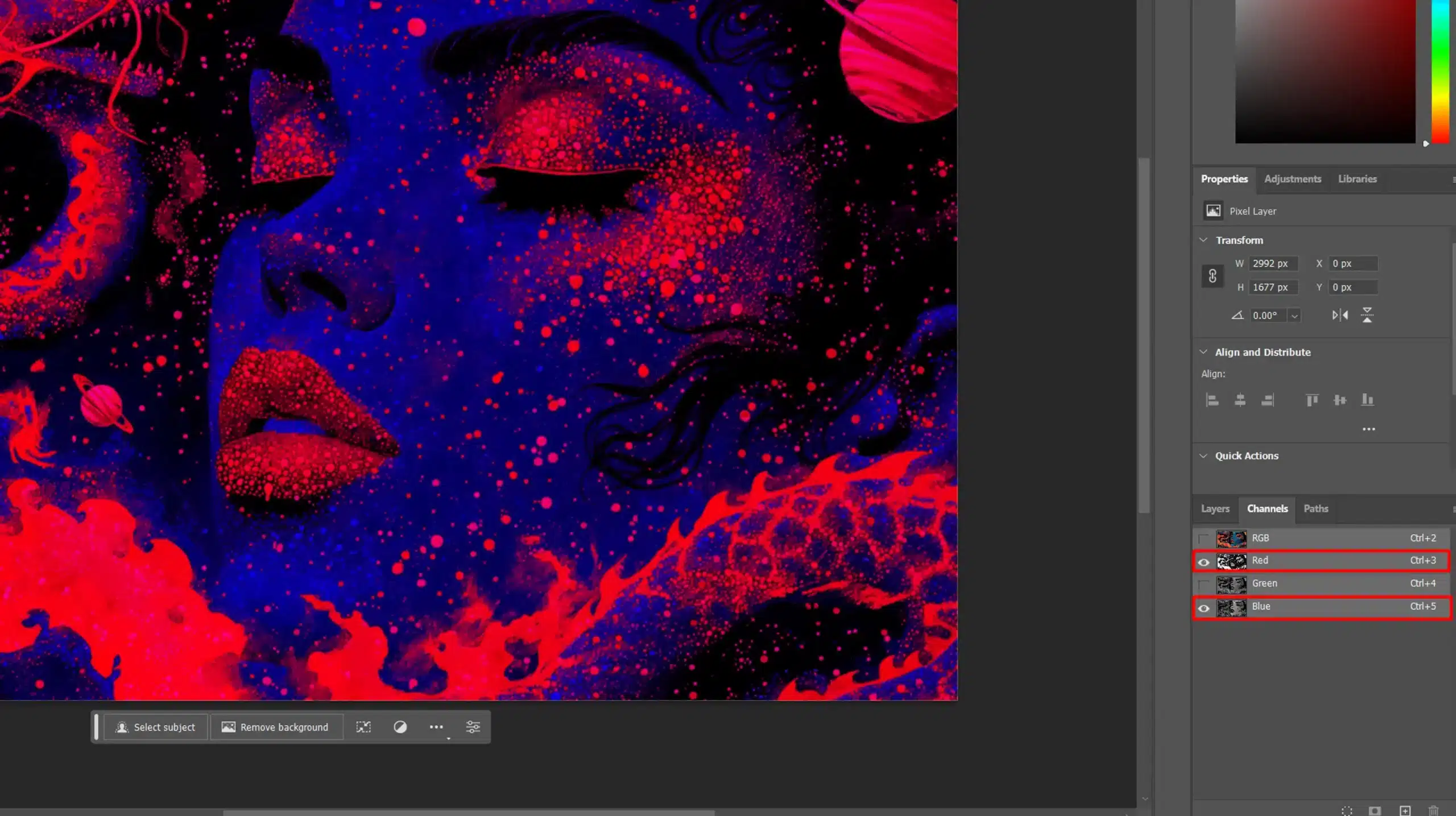 A Photoshop channel view showing a close-up of a colorful artwork with the red, green, and blue channels visible.