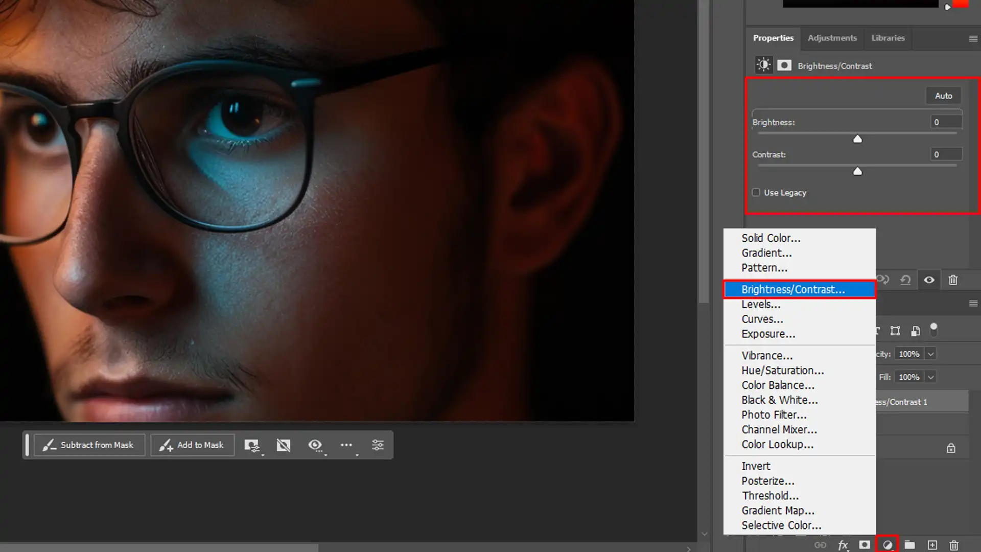 Brightness/Contrast adjustment layer options displayed for deleting glasses glare.