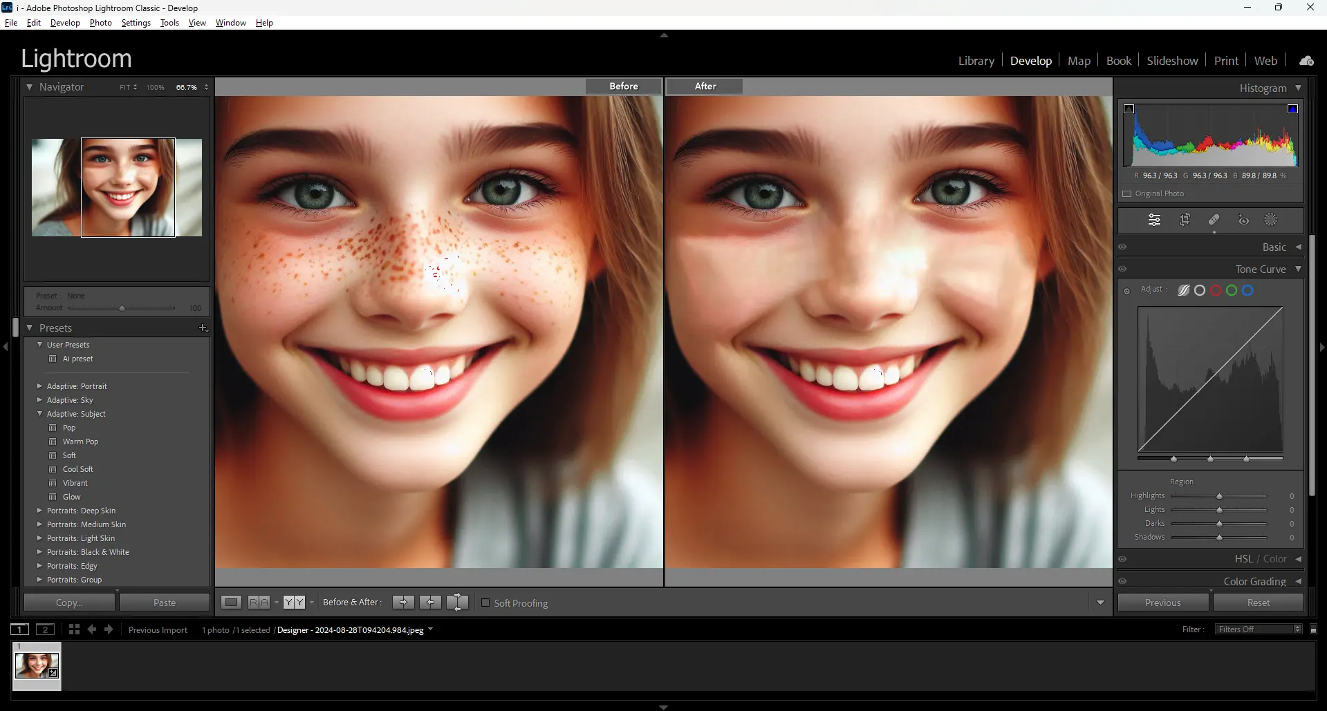 Before and after comparison of a portrait in Lightroom Classic showing the process of removing blemishes and softening skin.