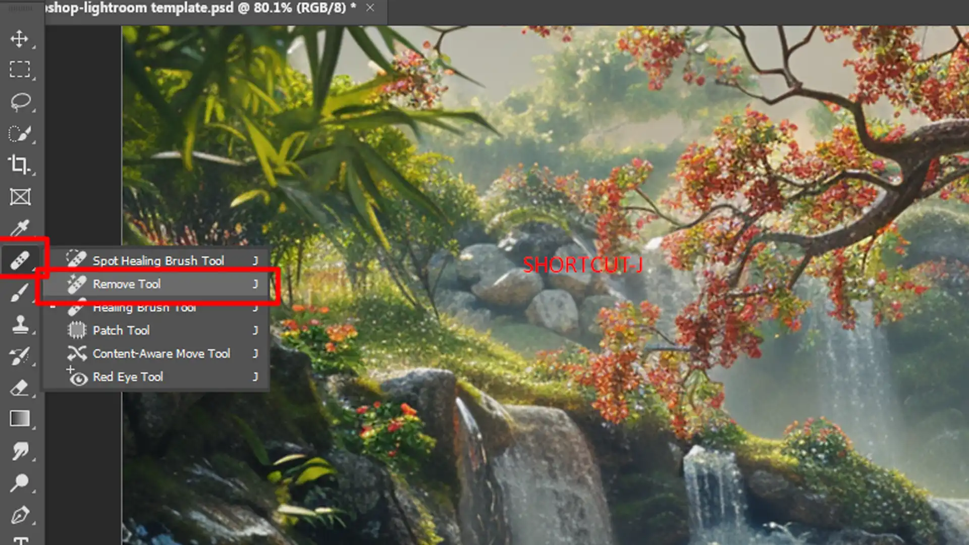 Screenshot of Adobe Photoshop interface highlighting the Spot Healing Brush Tool on the toolbar with an artistic backdrop featuring waterfalls and autumn trees.