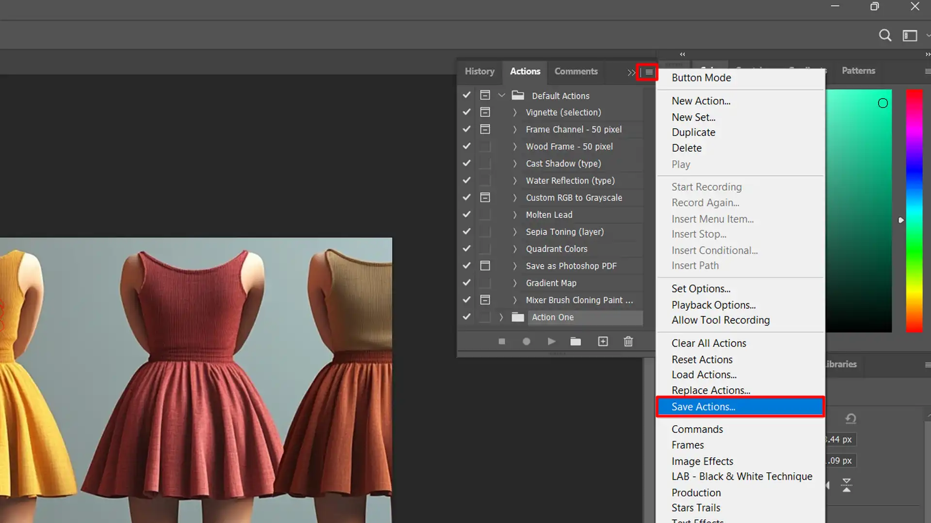 Accessing the Save Actions Option in Photoshop