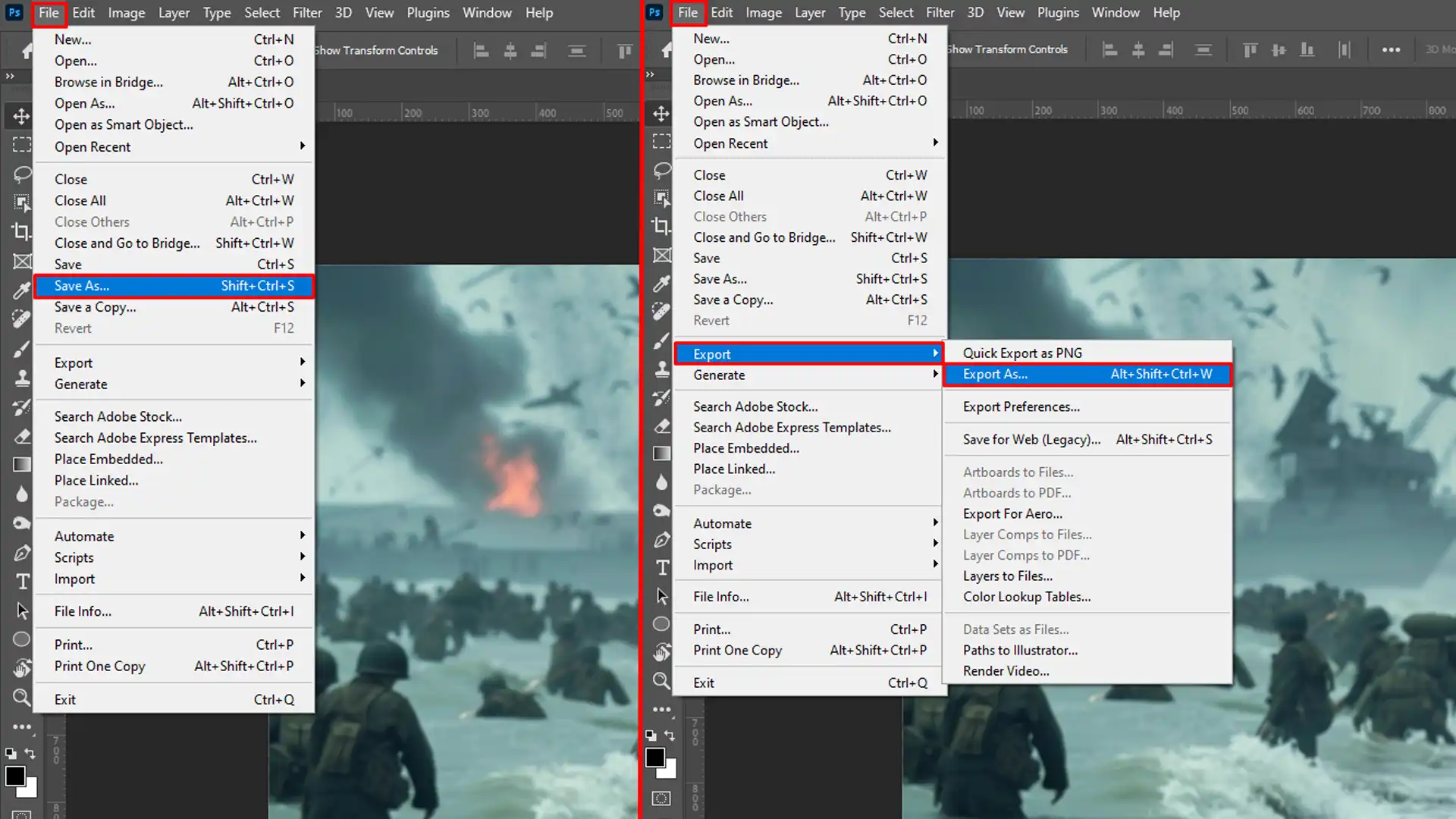 A screenshot of Photoshop's 'File' menu with the 'Save As' and 'Export As' options highlighted.