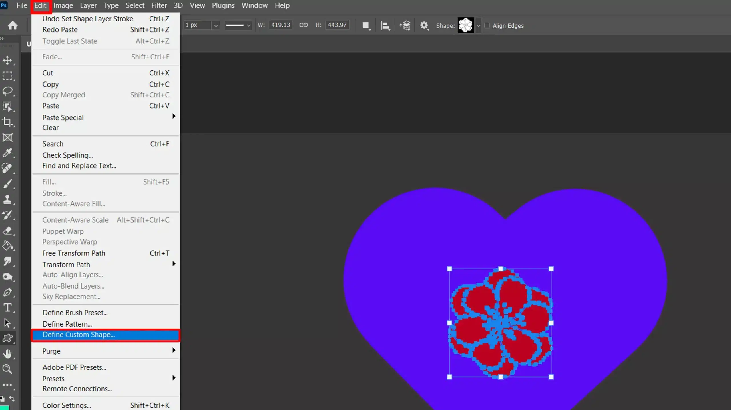 Photoshop interface showing the steps to save a custom shape