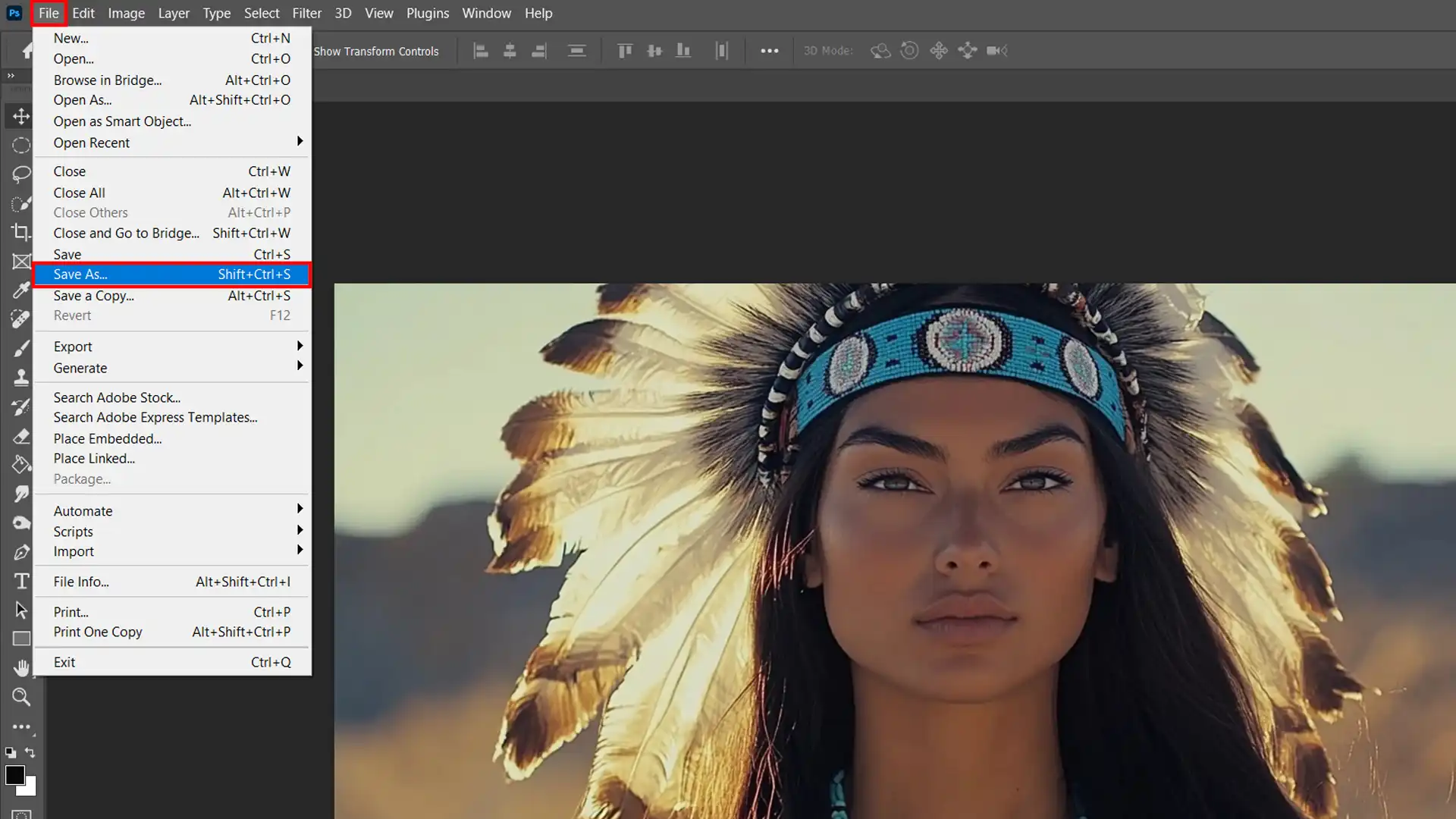 A woman wearing a traditional Native American feathered headdress, gazing directly at the camera with a serene expression. The image is displayed in a photo editing software.