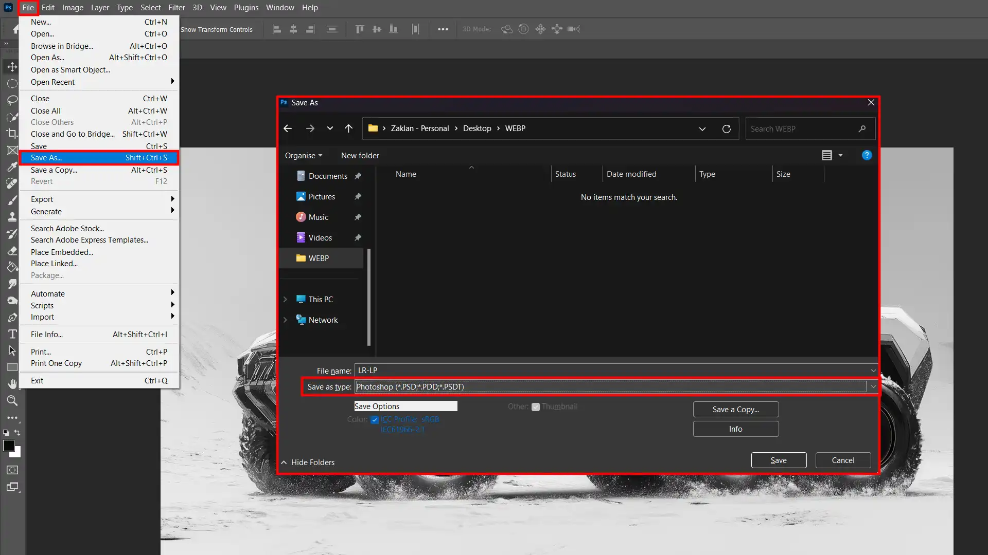 A screenshot of Photoshop showing the 'Save As' option highlighted in the File menu, and the 'Save As' dialog box open.