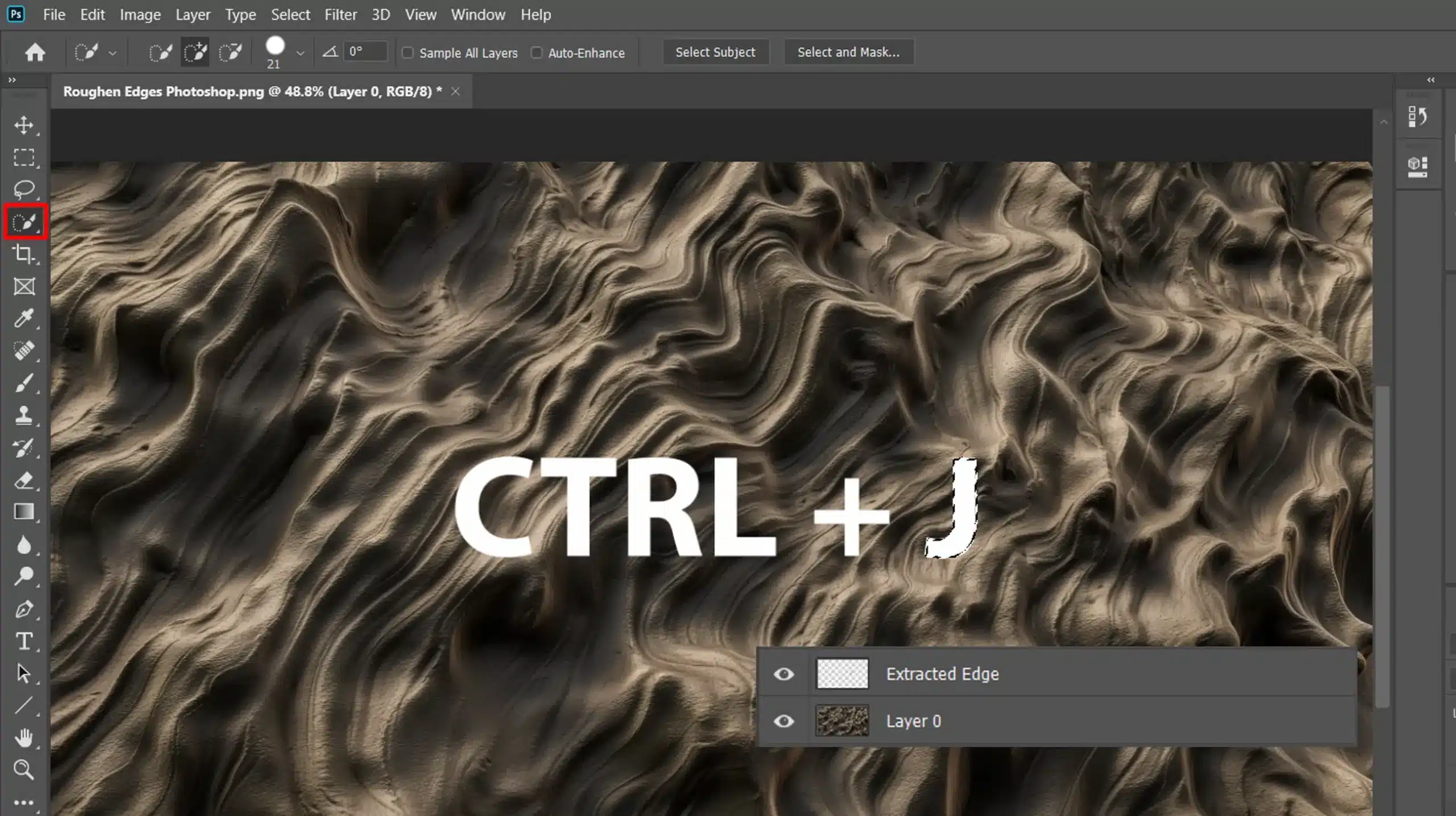 Photoshop interface showing the selection of edges with the Brush Tool for roughening effects