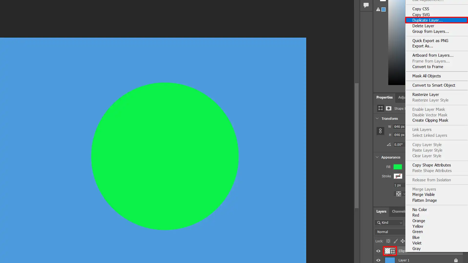 Screenshot of Photoshop showing the process of separating shape layers by duplicating the layer to edit shapes independently