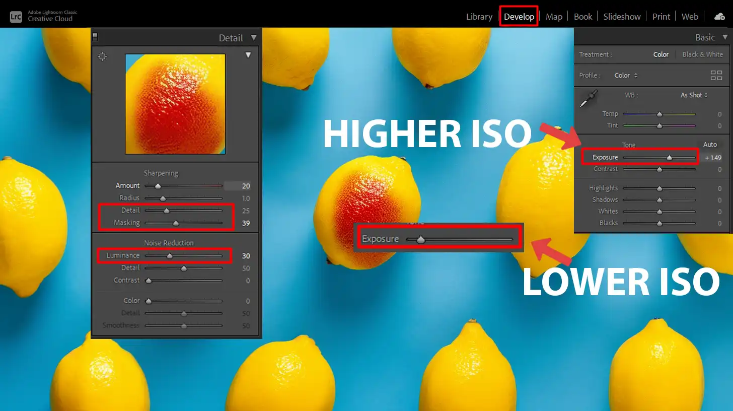 LR interface displaying the Basic Panel for adjusting exposure and managing light sensitivity refinements