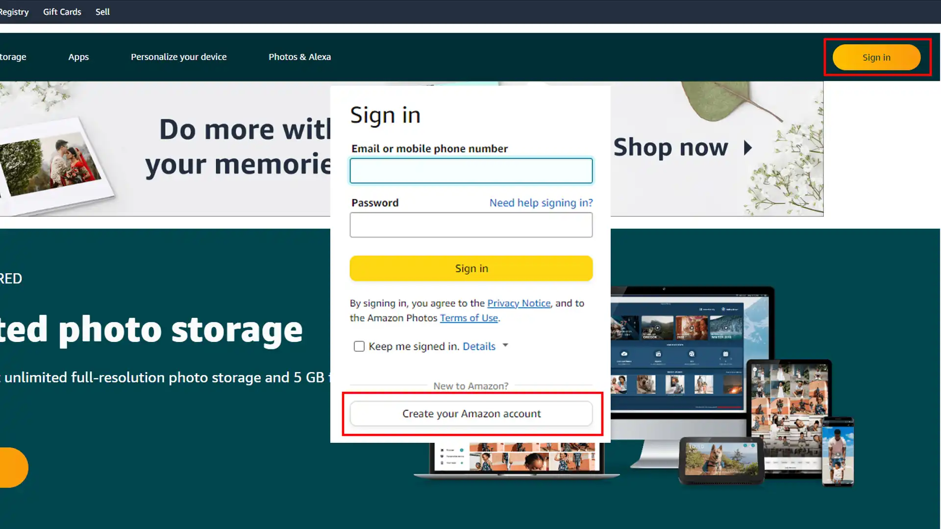 Prime Photos sign-in screen with the option to create a new account.