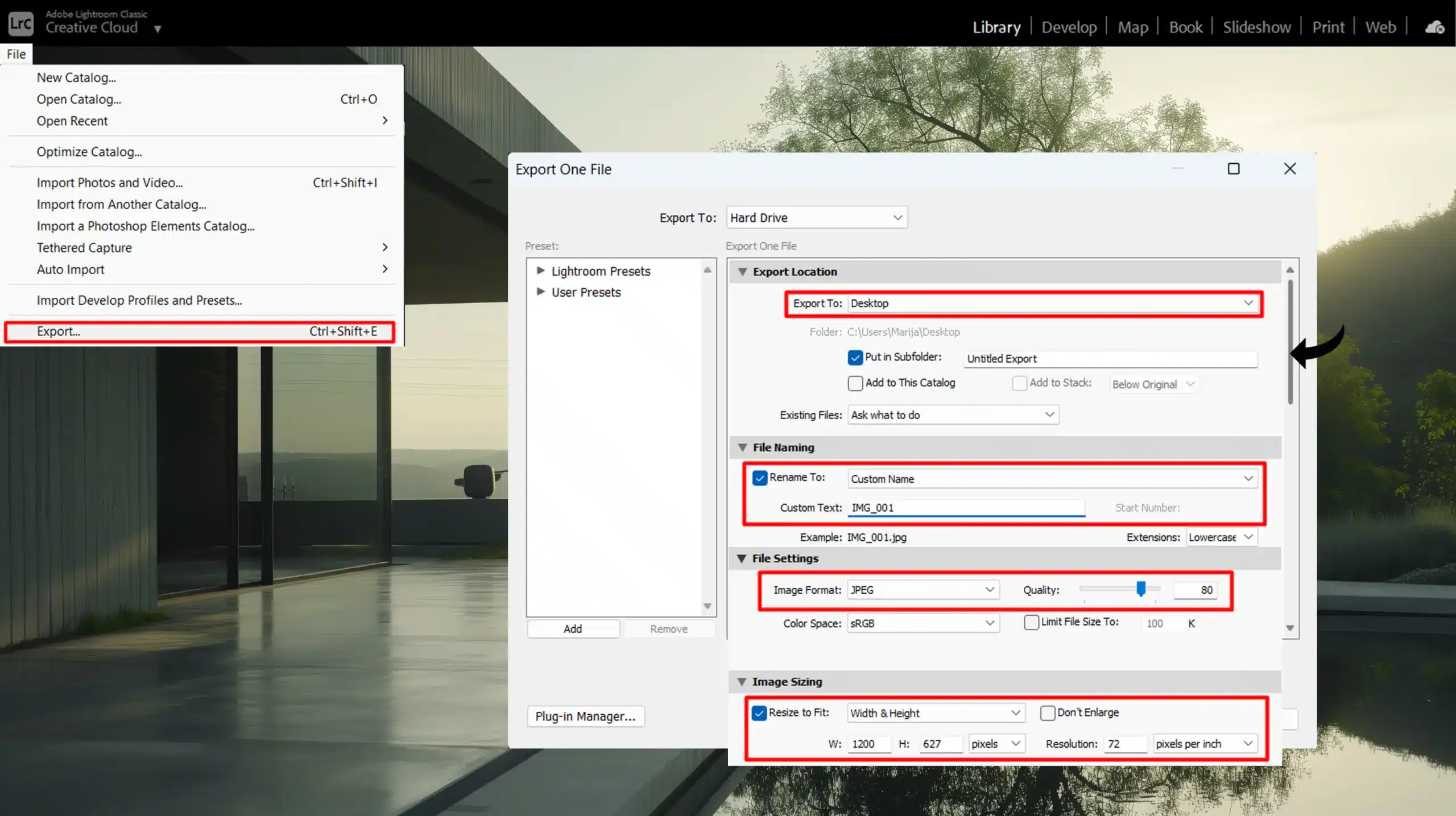 Export preset adjustments in LR for batch processing