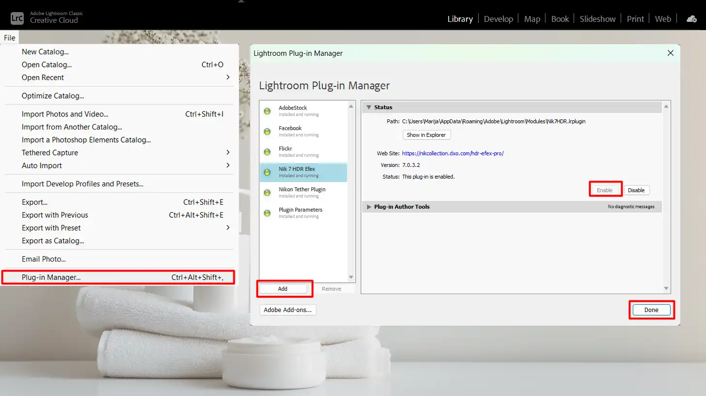 Lightroom settings for setting up an HDR workflow with plugins