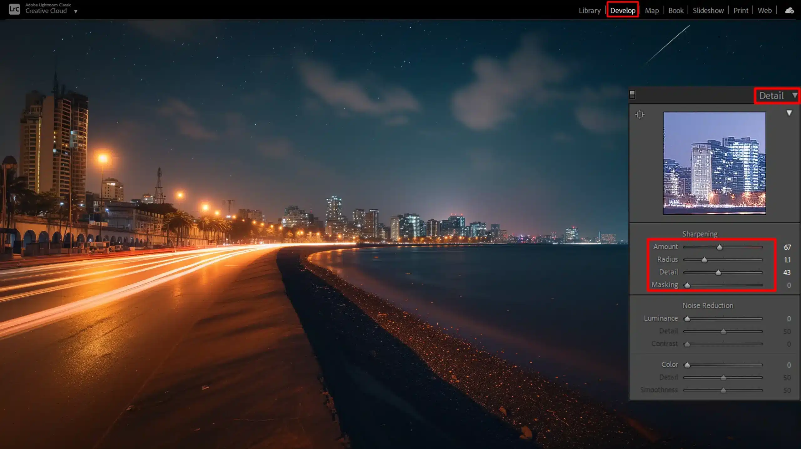 graphic design software sharpening settings in the Detail panel, showing sliders for amount, radius, and detail to enhance night images