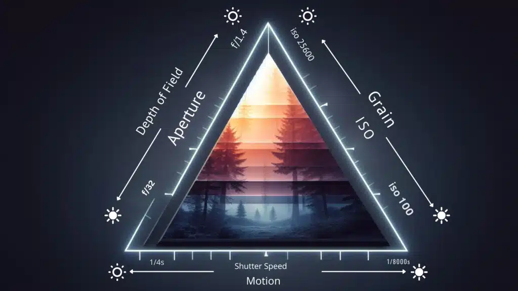 Illustrated triangle diagram showing the relationship between aperture, shutter speed, and ISO sensitivity, highlighting their effects on depth of field, motion, and grain in photography.