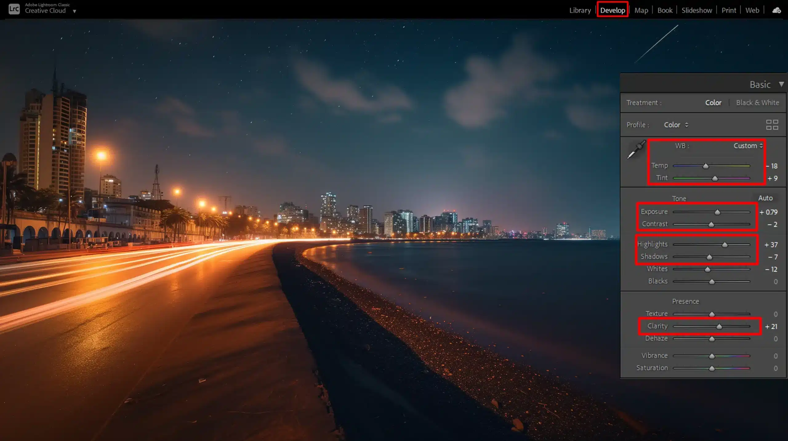Screenshot of graphic design software interface showcasing the essential settings for nocturnal photography, including exposure, highlights, shadows, and whites adjustments