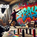 An artist creating a large graffiti mural on a brick wall with spray cans, while a camera and lighting equipment are set up in the studio. The image captures the dynamic process of designing street art with a vibrant spray paint effect.