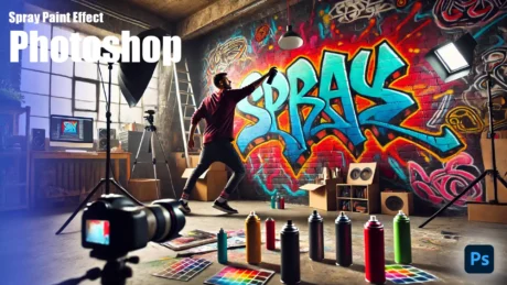 An artist creating a large graffiti mural on a brick wall with spray cans, while a camera and lighting equipment are set up in the studio. The image captures the dynamic process of designing street art with a vibrant spray paint effect.