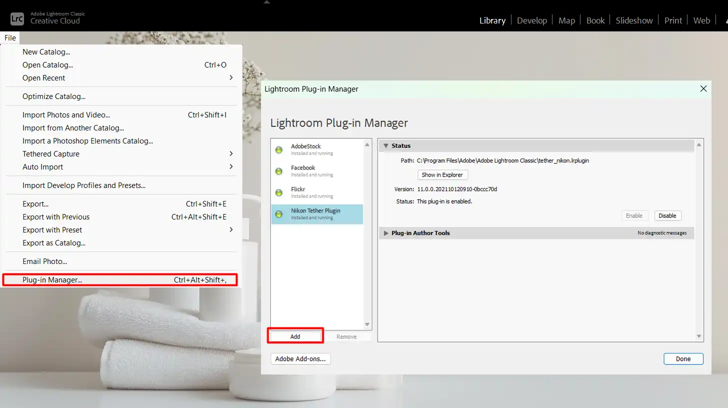 Lightroom Plugin Manager window showing plugin management options