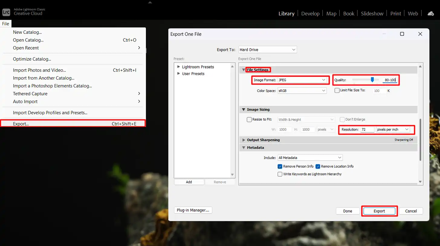 Export settings for JPEG in Lightroom