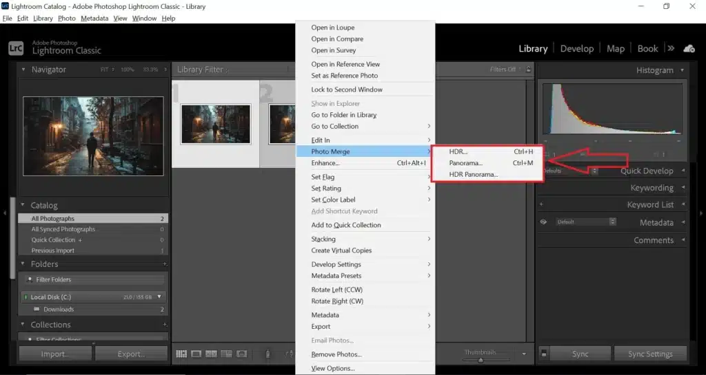 Screenshot of Adobe Photoshop Lightroom Classic interface showing the process of merging photos with the "How to Merge Photos in Lightroom" options highlighted, illustrating a step by step guide on Lightroom merge photos.