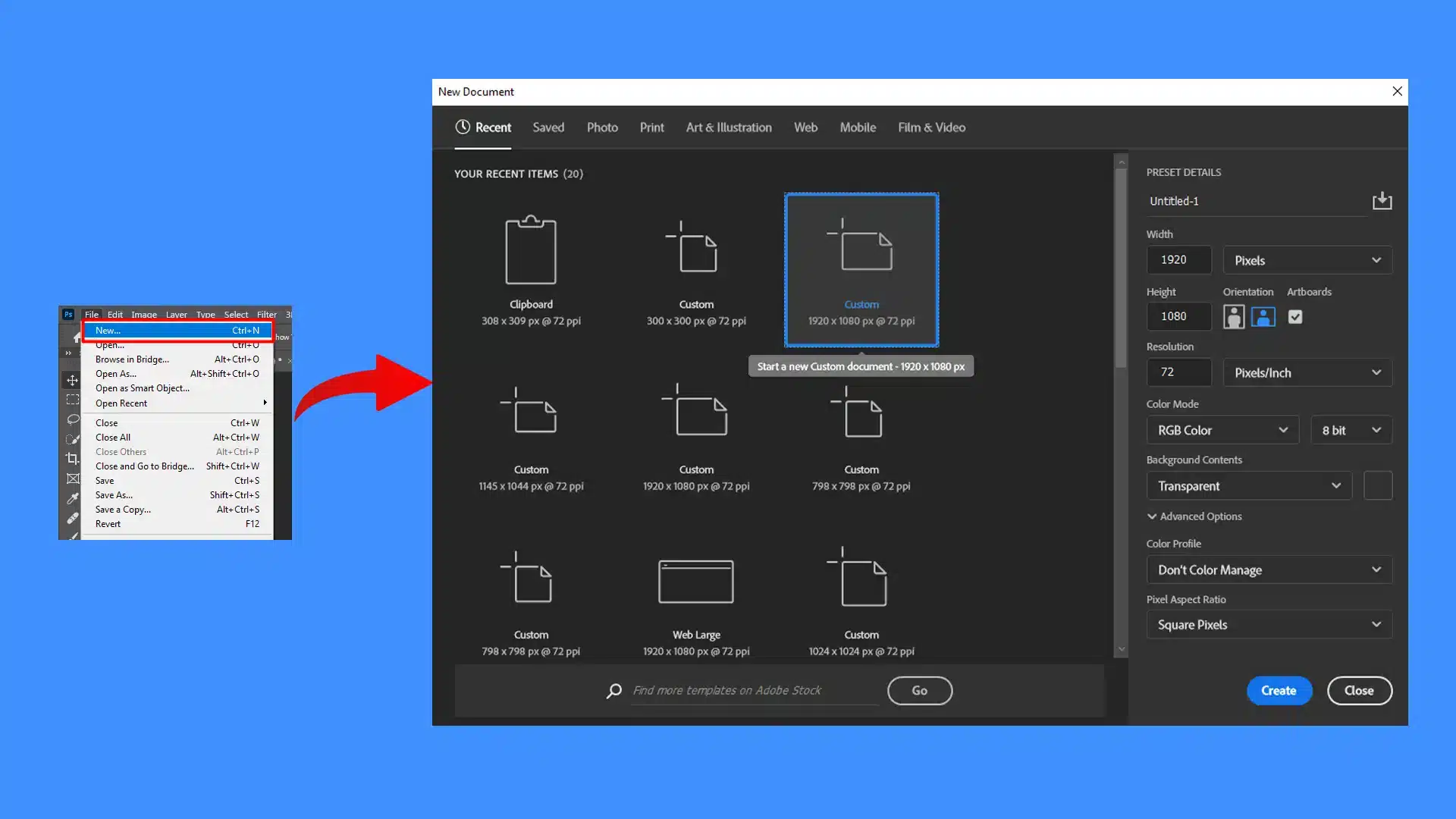 A screenshot of a Adobe software interface showing the ‘New Document’ dialog box with various preset document sizes and types.