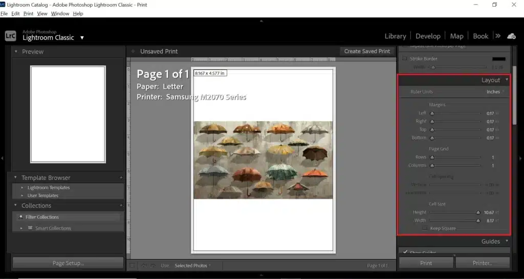 How to make a photo grid in Lightroom. Adobe Lightroom Classic interface showing the print module with a photo grid of various umbrellas. Layout settings are highlighted on the right panel to show Lightroom Photo Grid.