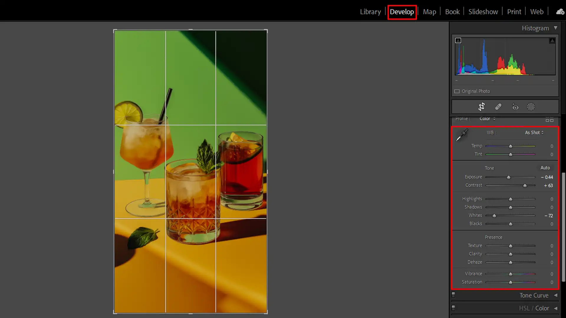 Three drinks with bright colors displayed in the Lightroom interface for color correction adjustments.