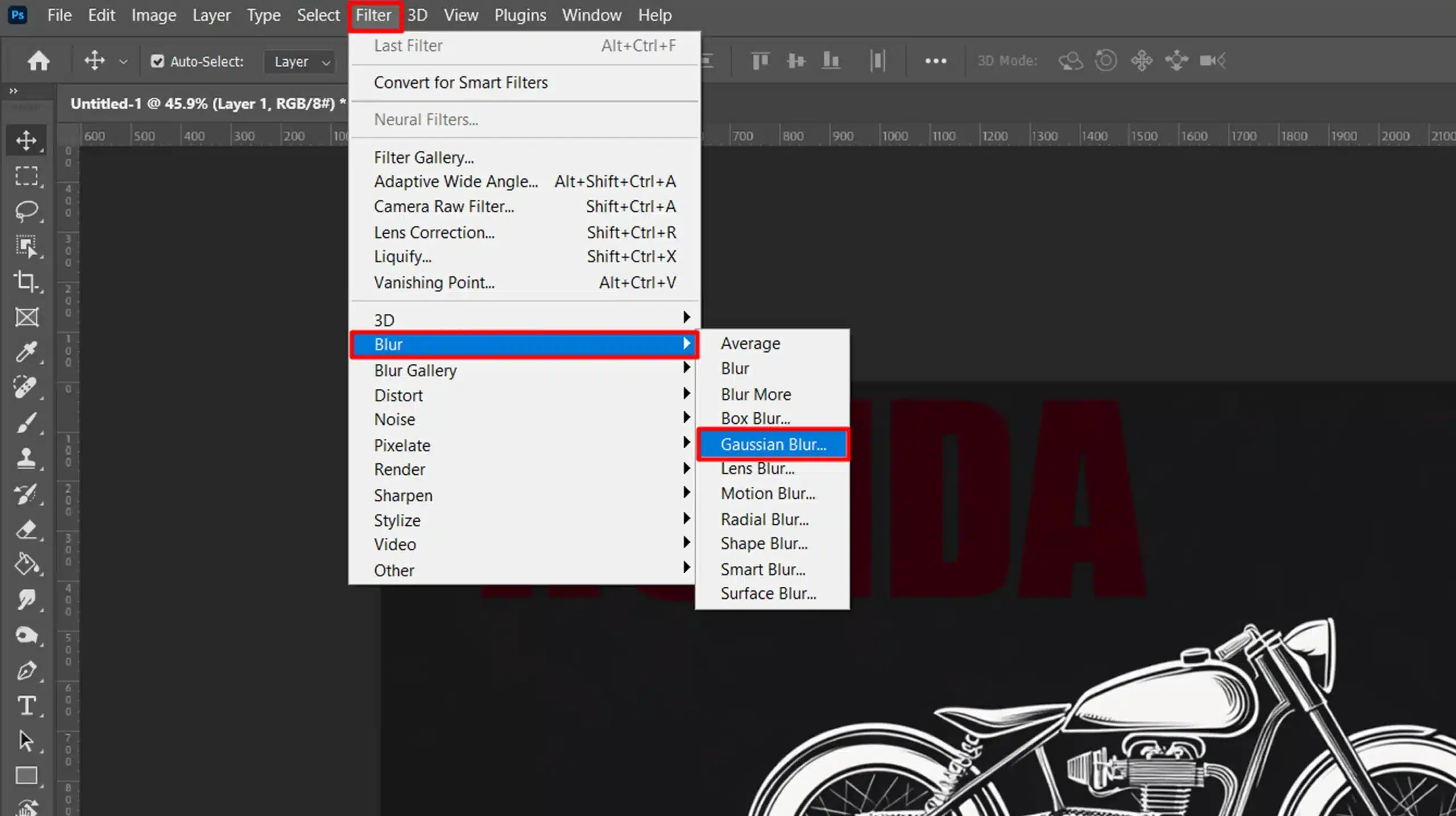 Photoshop menu showing the selection process for applying Gaussian Blur from the Filter menu. photoshop spray paint effect