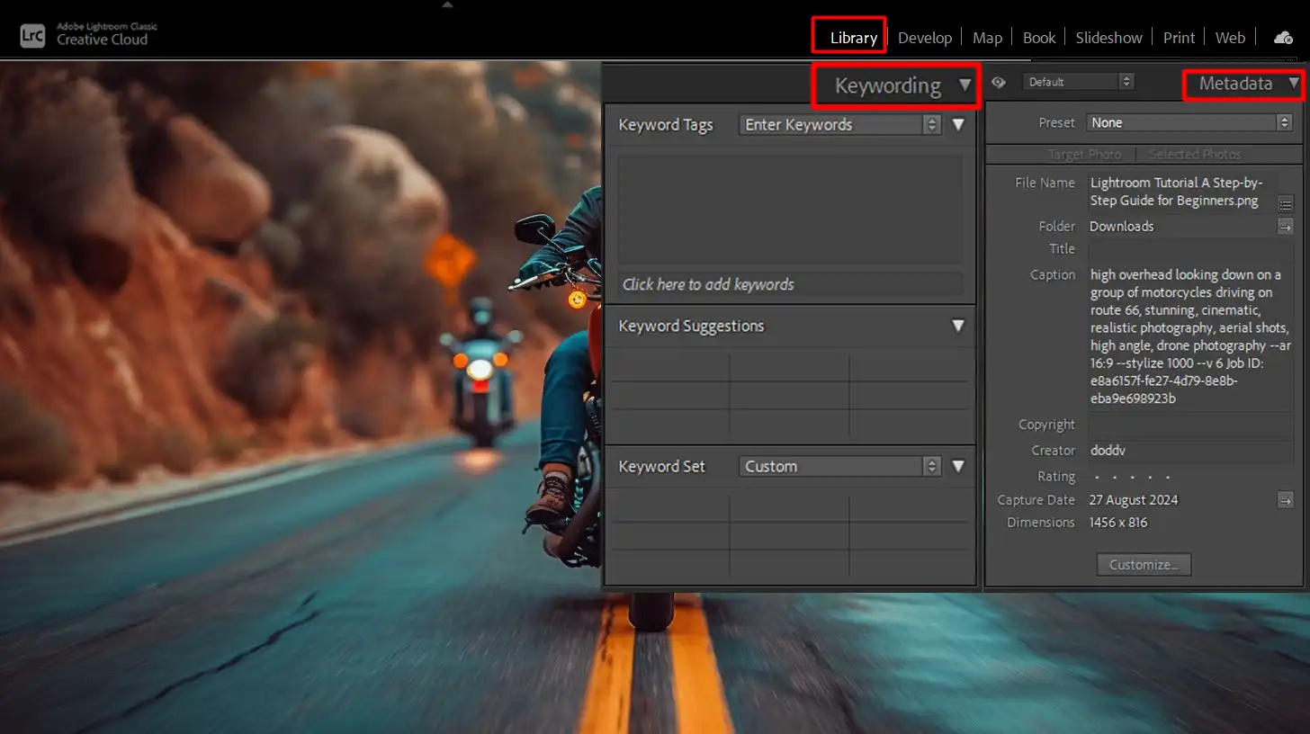 Metadata and keywording panels in LR for organizing and categorizing photos