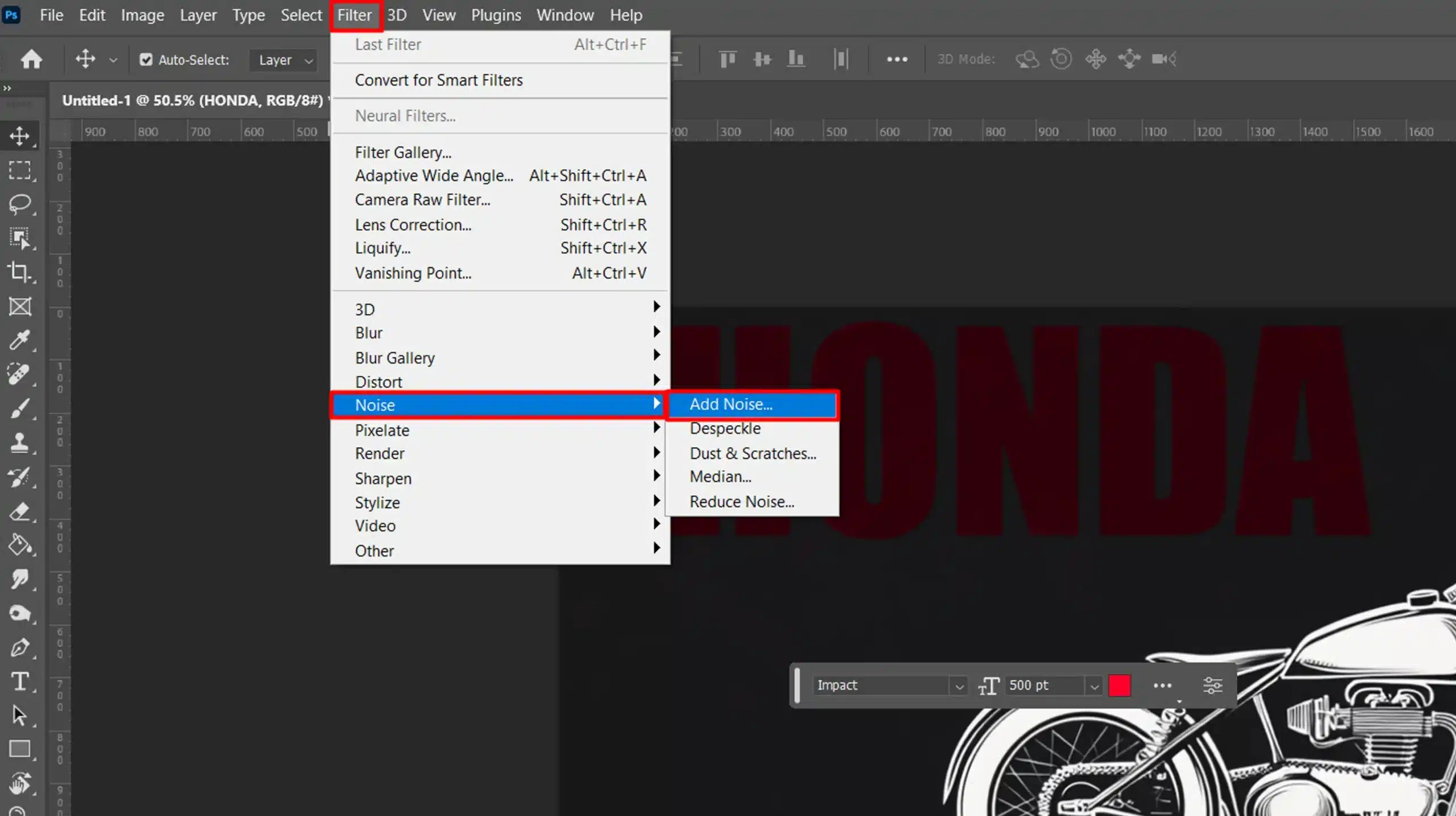 Photoshop interface highlighting the 'Add Noise' option under the Noise menu to create texture in designs.