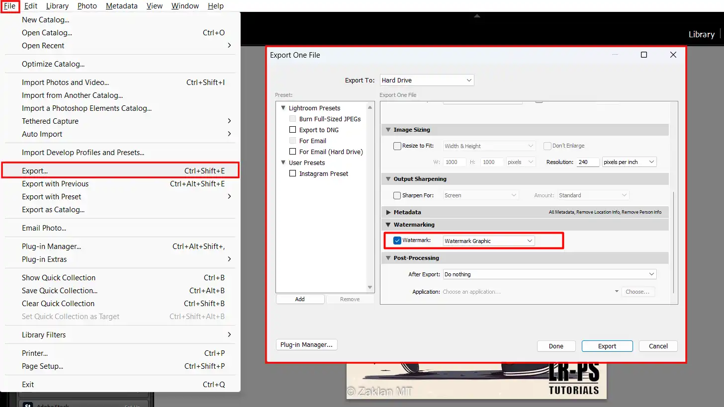 Screenshot of the export settings window in Lightroom with the watermark option selected.