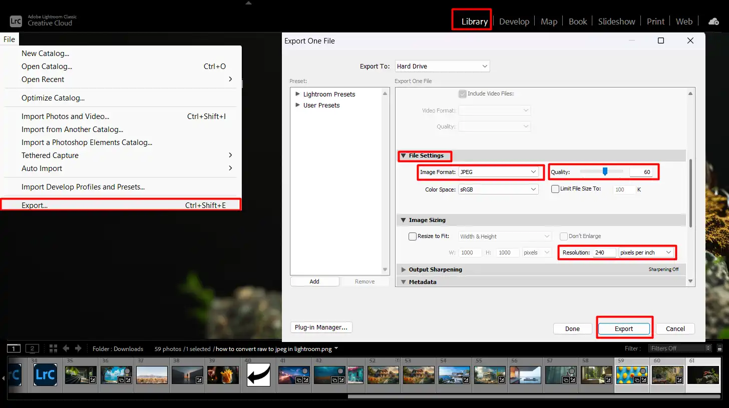 Steps to convert RAW to JPEG in Lightroom