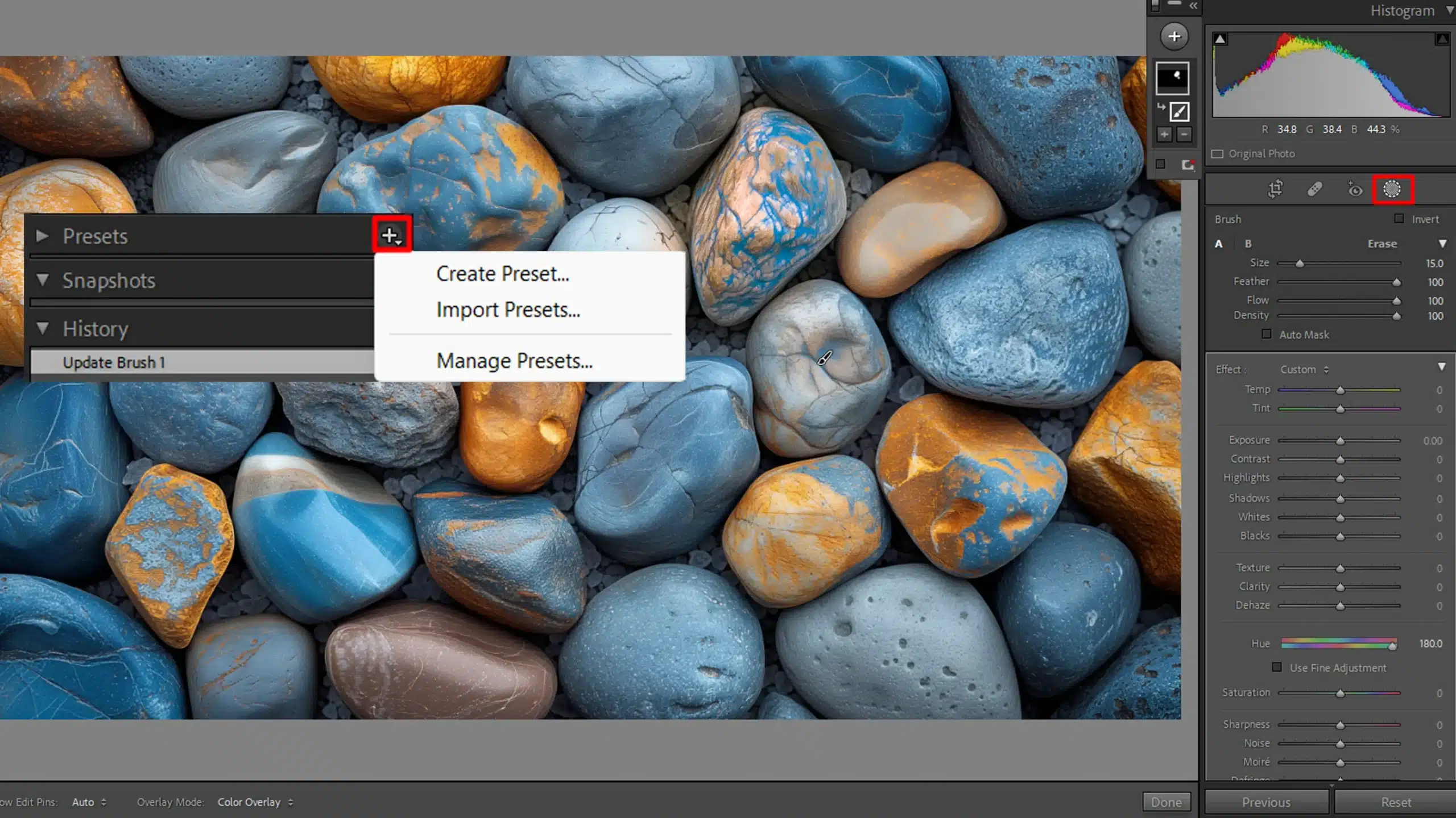 Lightroom interface showing the creation of a new preset after using adjustment brushes