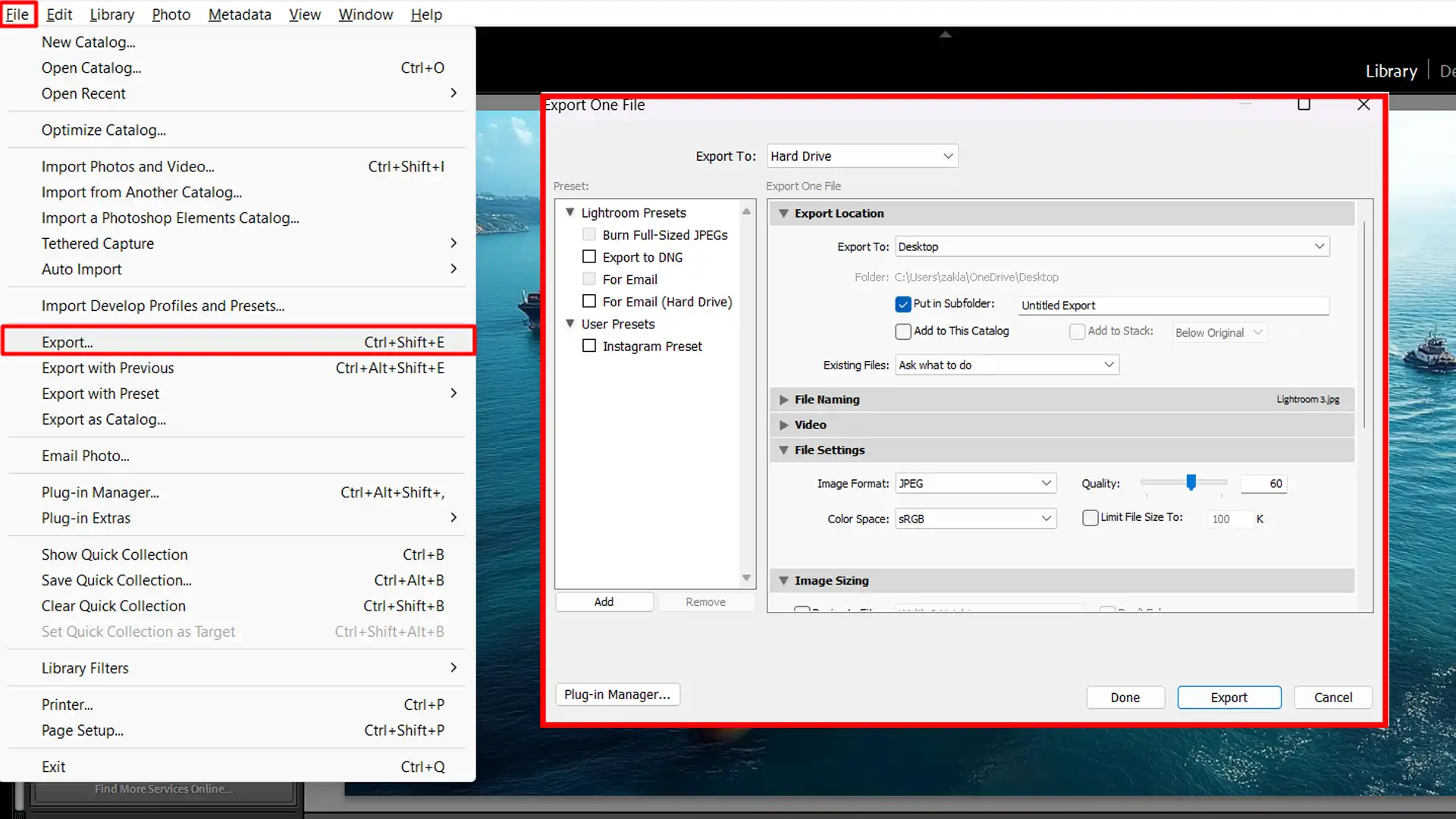 Export photo option in Lightroom Classic, showing export settings for saving a photo to a hard drive.