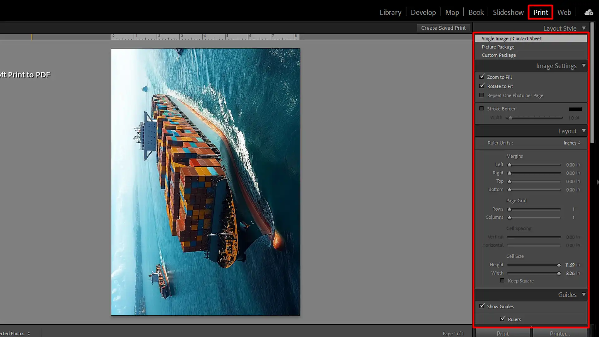 Print photo option in Lightroom Classic, showing print layout and image settings for printing an image.