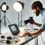 A professional photographer in a studio setting is tethering a camera to a laptop with softbox lights illuminating the background.