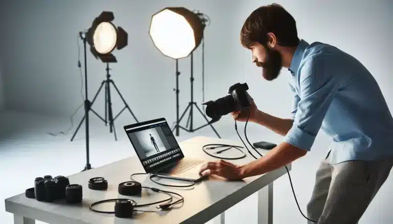 A professional photographer in a studio setting is tethering a camera to a laptop with softbox lights illuminating the background.