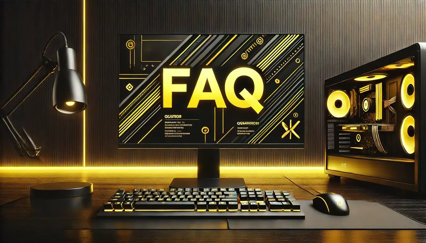 A sleek PC setup with a monitor displaying "FAQ" in bold yellow text, surrounded by a modern black and yellow themed decor, showcasing Photoshop text effects.