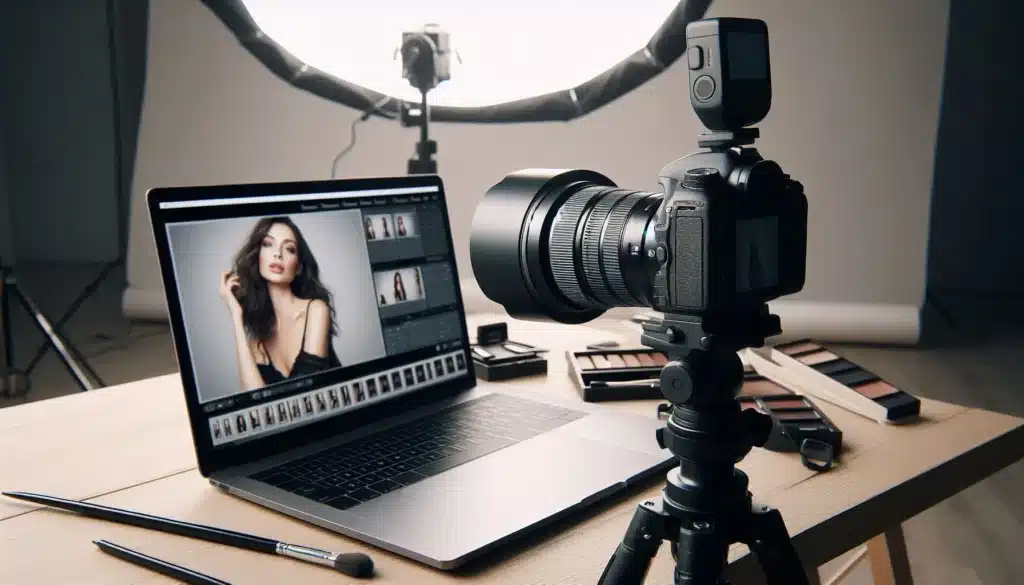 A studio setup showing a DSLR camera linked to a laptop displaying a portrait of a female model, highlighting the benefits during a photoshoot.