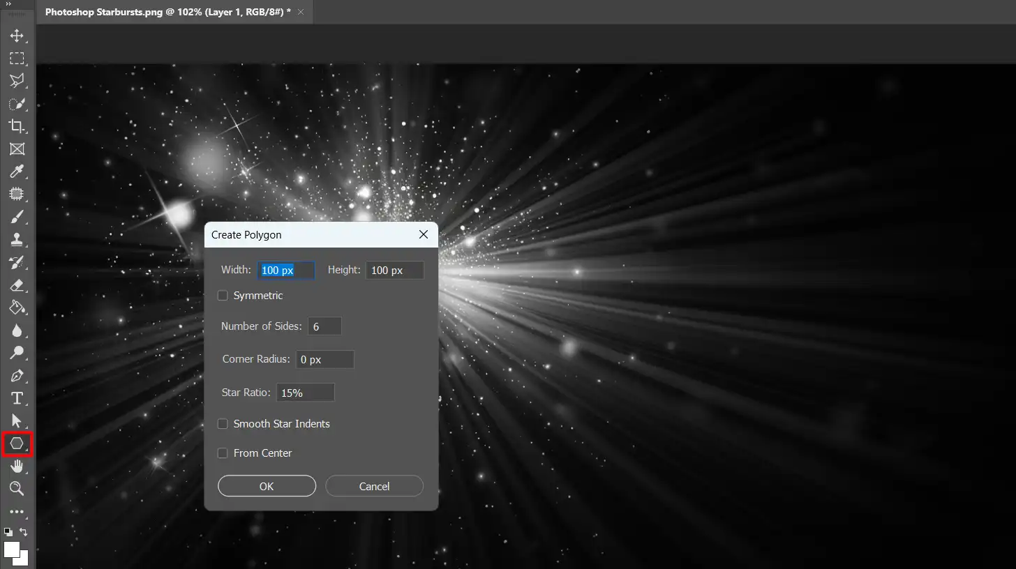 Photoshop interface showing the 'Create Polygon' dialog box with a effect .