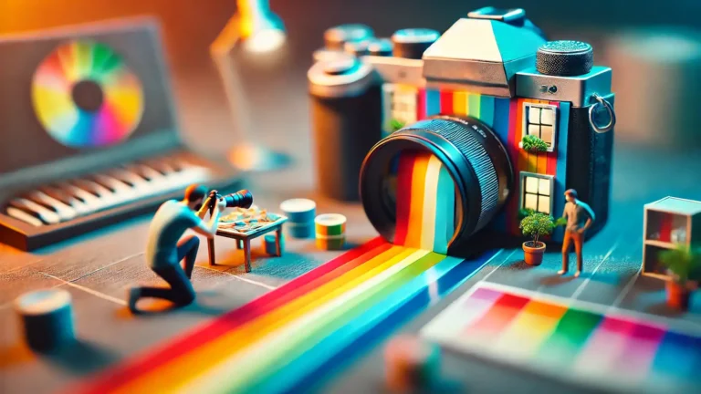 Photographer capturing an object from a distance with the tilt-shift effect in Lightroom, with the object in sharp focus and a blurred background creating a miniature effect.